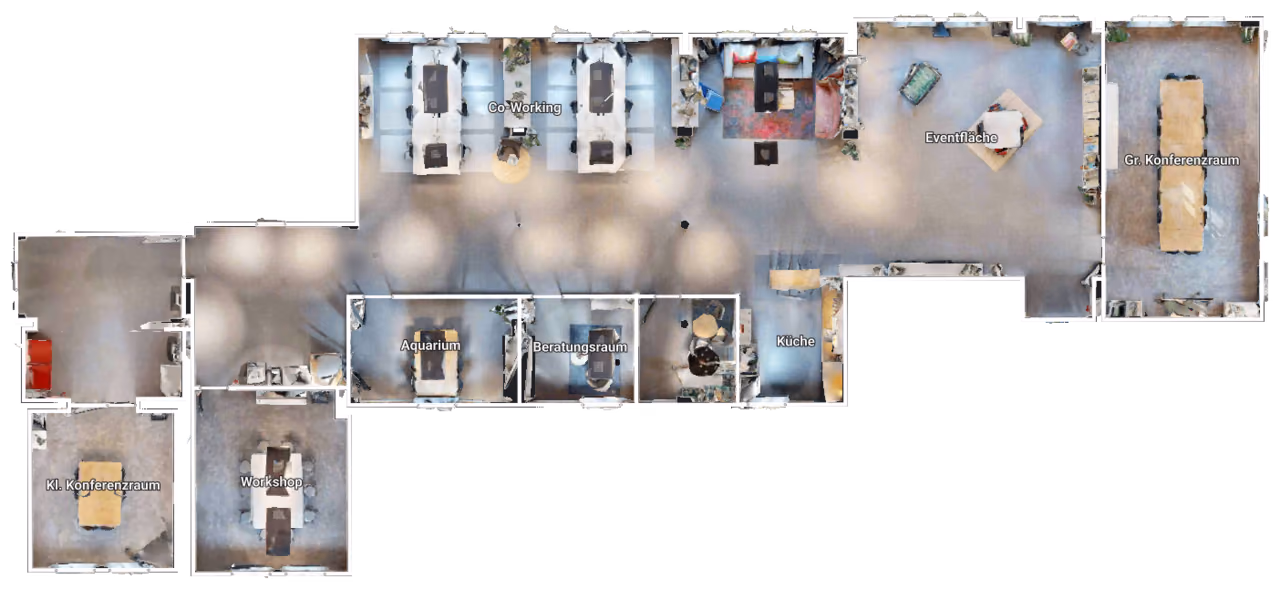 Grundriss von StartMiUp Minden aus dem 3D-Scan mit Co-Working, Eventfläche, Küche und Konferenzräumen